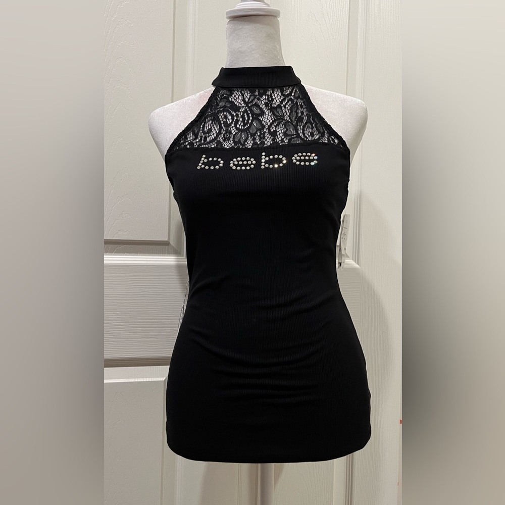 Bebe Black Halter Top with Lace and Rhinestones